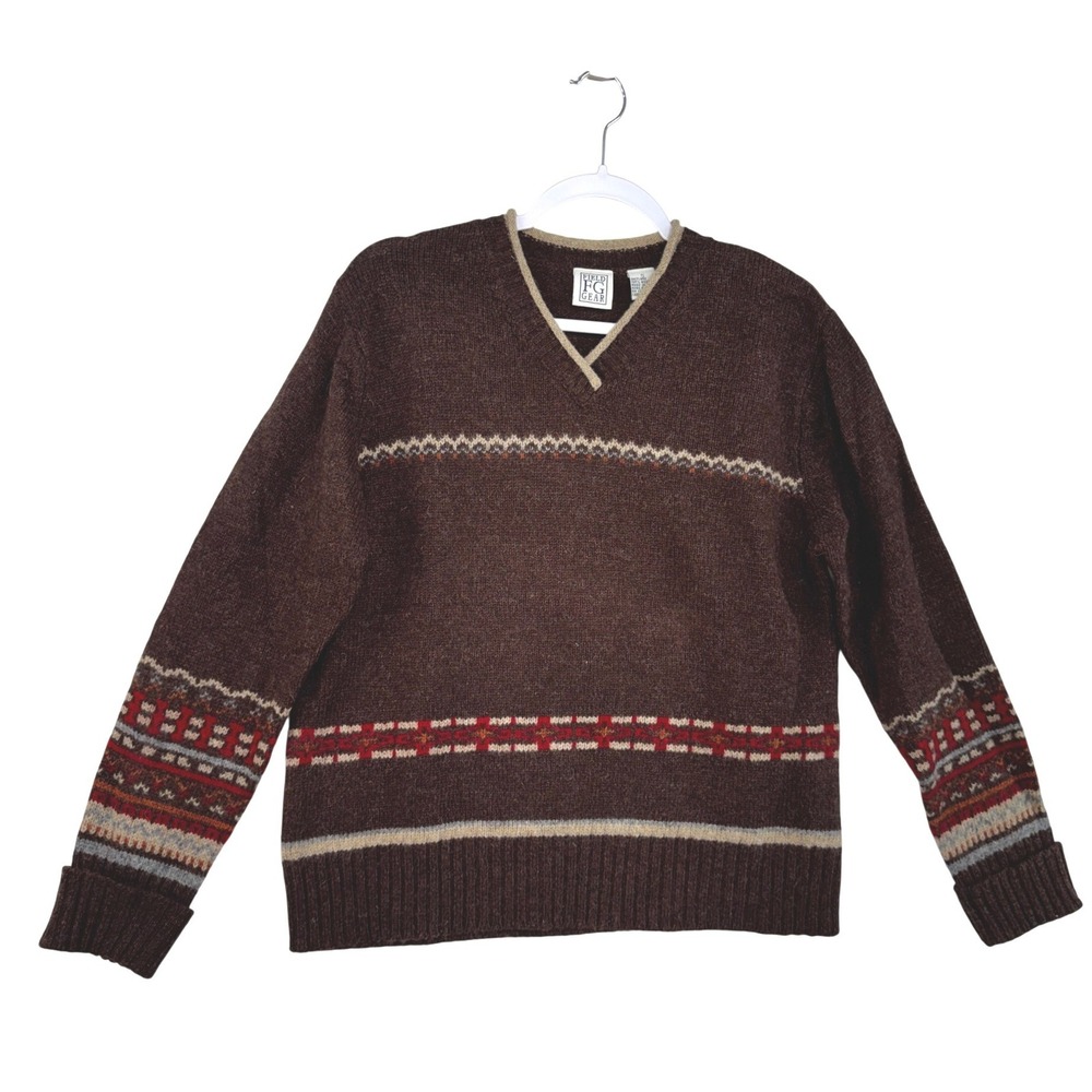 Field‎ Gear Brown Fair Wool V-Neck Sweater Women Relaxed Fit Geometric Print